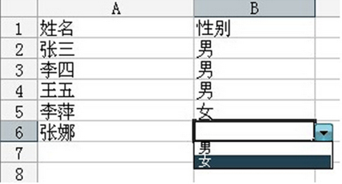 “性别”这一列下，都出现了“男，女”下拉菜单