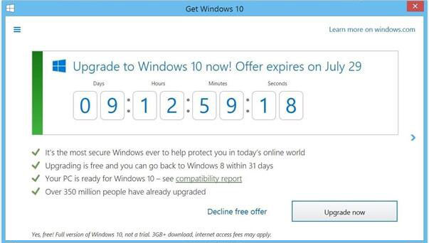 倒计时提示！Win7/8.1现免费升级Win10